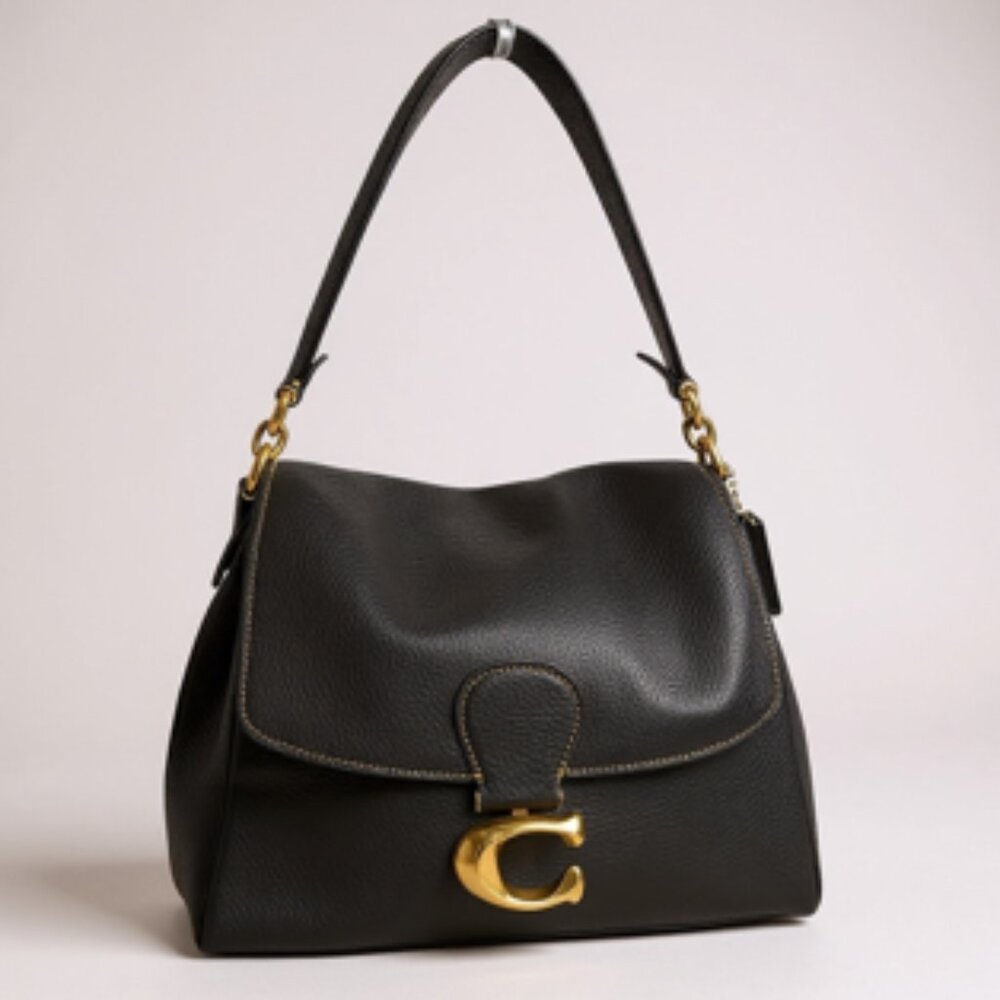 Coach Black Leather Shoulder Bag with Gold Hardware
